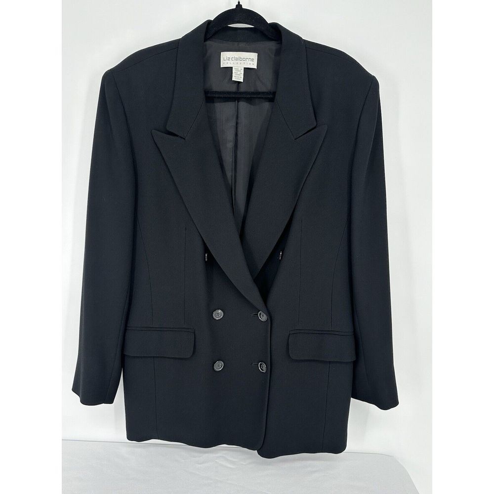 Vtg‎ Liz Claiborne Collection Black Double Breasted Blazer Shoulder Pads Size 14